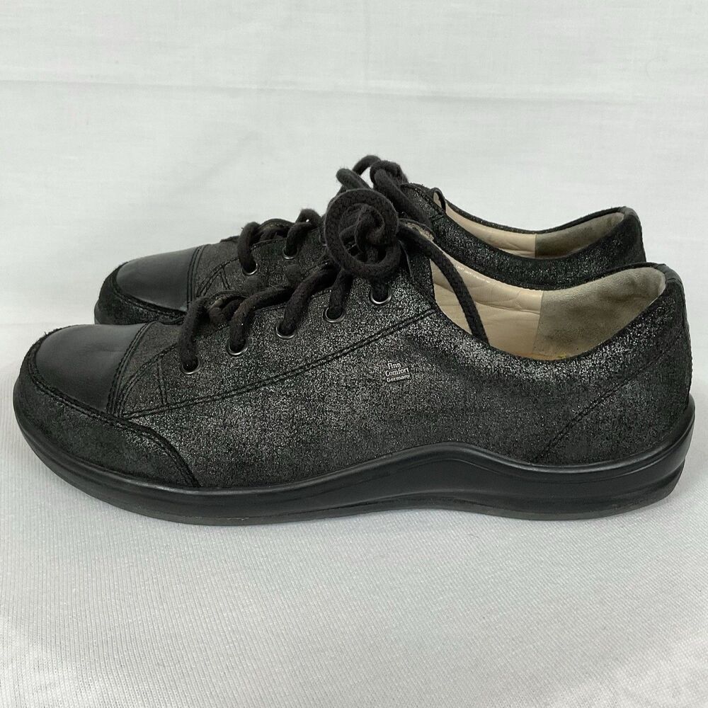 Women's Finn Comfort SoHo Germany Black Leather Sneaker Sz 41/10 Silver Sparkles